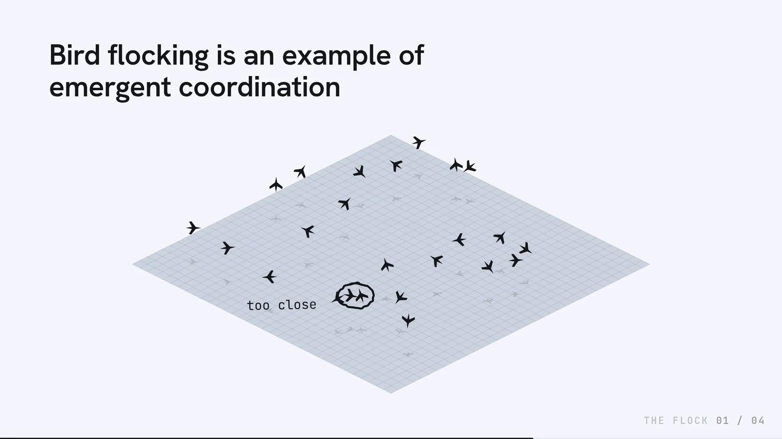 Build step 1: an isometric grid seen from above with bird silhouettes scattered across it at random headings; one bird is ringed in hand-drawn pen and labelled ‘too close’.