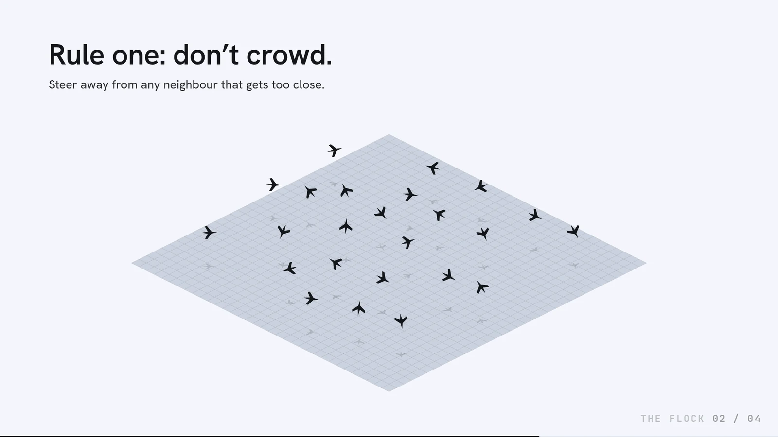 Build step 2, headed ‘Rule one: don’t crowd. Steer away from any neighbour that gets too close.’: the same grid, the birds now spaced out with none of them overlapping.