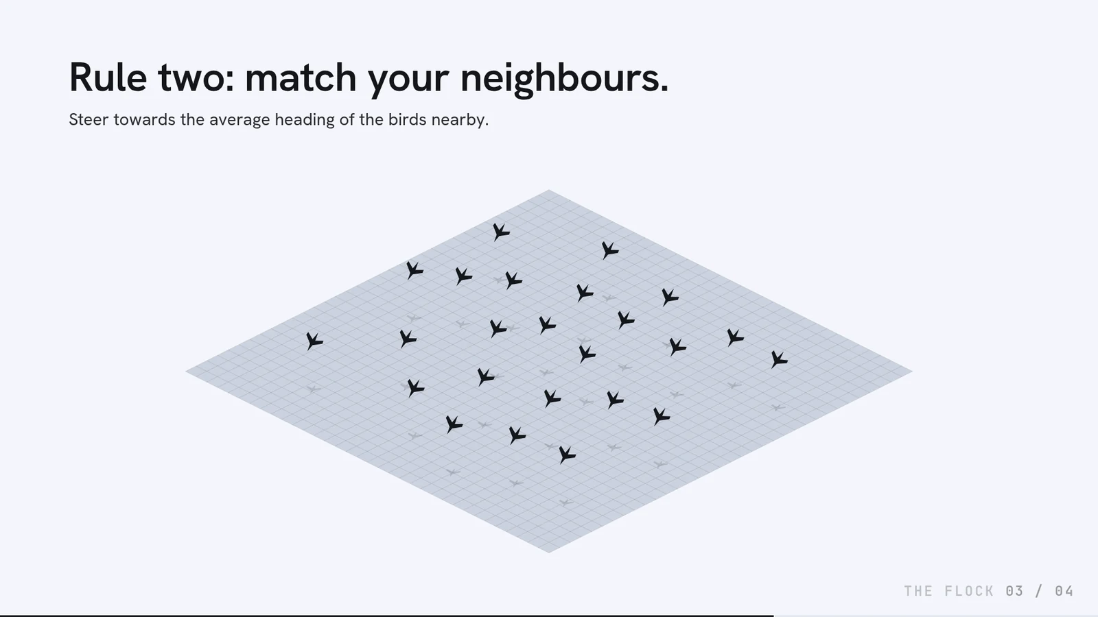 Build step 3, headed ‘Rule two: match your neighbours. Steer towards the average heading of the birds nearby.’: the birds on the grid now all point the same way.