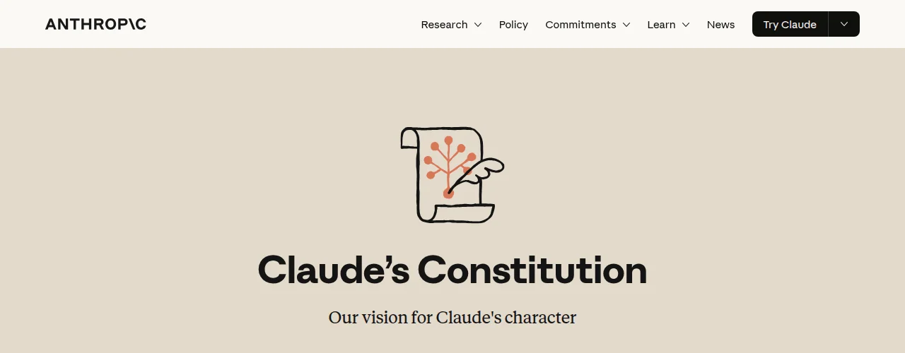 An Anthropic web page in a warm sand colour. The ANTHROP\C wordmark sits top left with a navigation row reading Research, Policy, Commitments, Learn, News and a black ‘Try Claude’ button. Centred below, a hand-drawn illustration of an unrolled scroll marked with a small branching diagram and a quill, above the large headline ‘Claude’s Constitution’ and the line ‘Our vision for Claude’s character’.