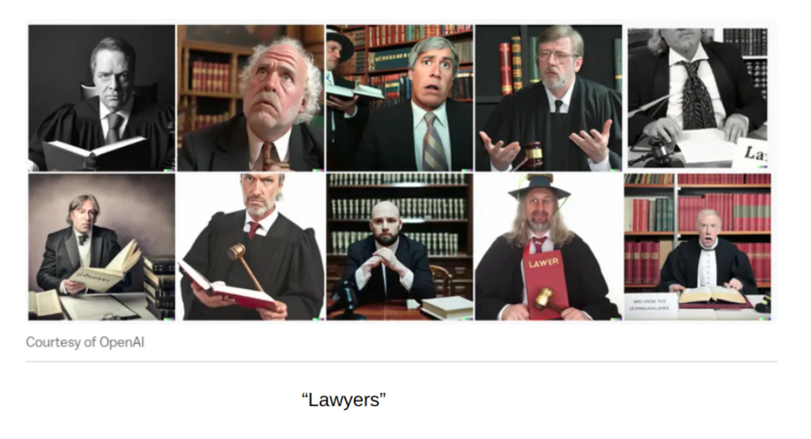 A five-by-two grid of ten AI-generated images captioned ‘Courtesy of OpenAI’ above the prompt label ‘Lawyers’. Every one of the ten is a man, and every one reads as white and middle-aged or older: judges in black robes, men in dark suits and ties, several with grey or white hair, holding open law books, gavels or bundles of paper, photographed in front of shelves of legal volumes. One holds a red book with the garbled word ‘LAWER’ stamped on it.