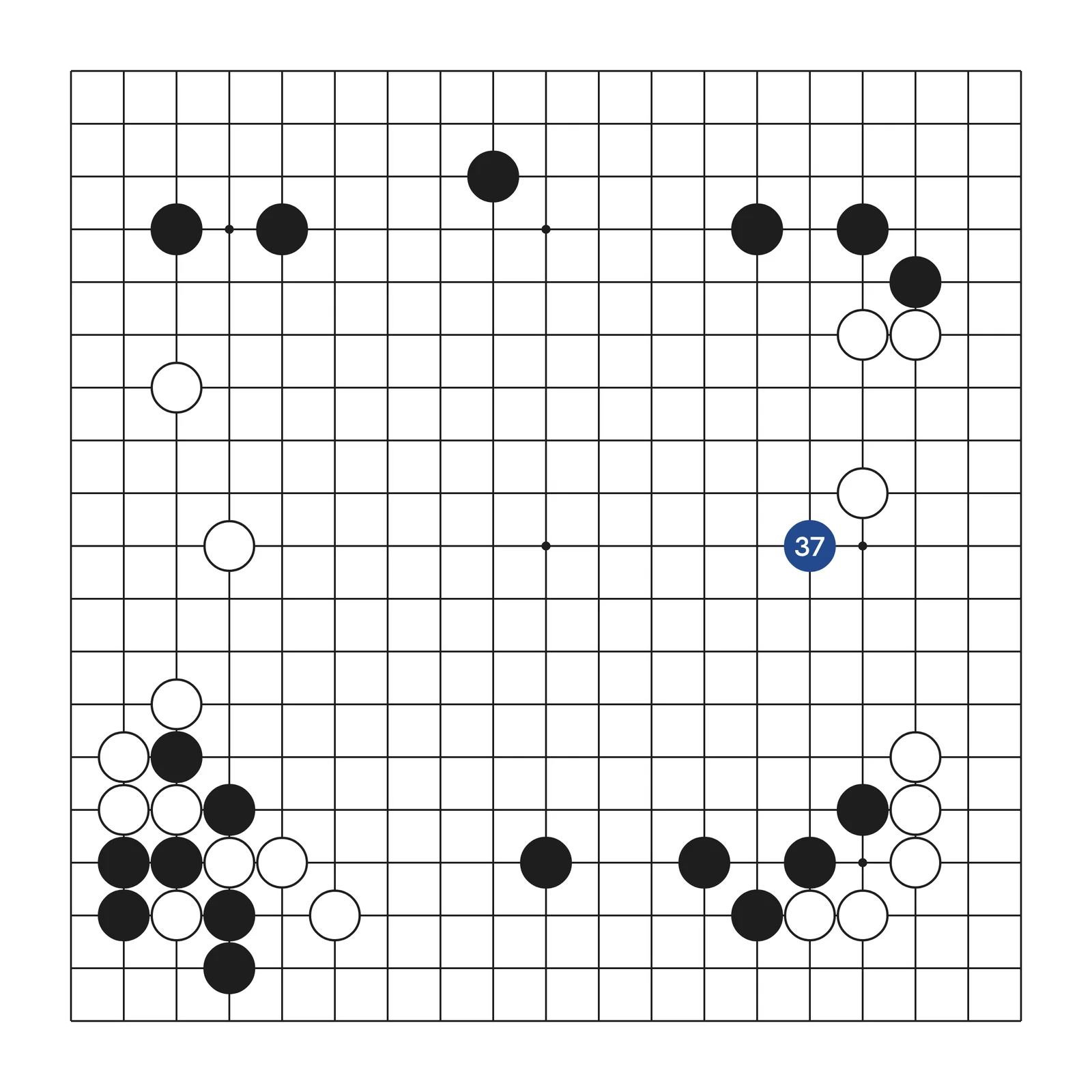 A 19 by 19 Go board drawn in ink on white with the first 37 stones of game 2 of AlphaGo against Lee Sedol, shown full-slide beneath the title. Black and white groups occupy the corners; one stone on the right side, on the fifth line, is drawn in deep blue and numbered 37.