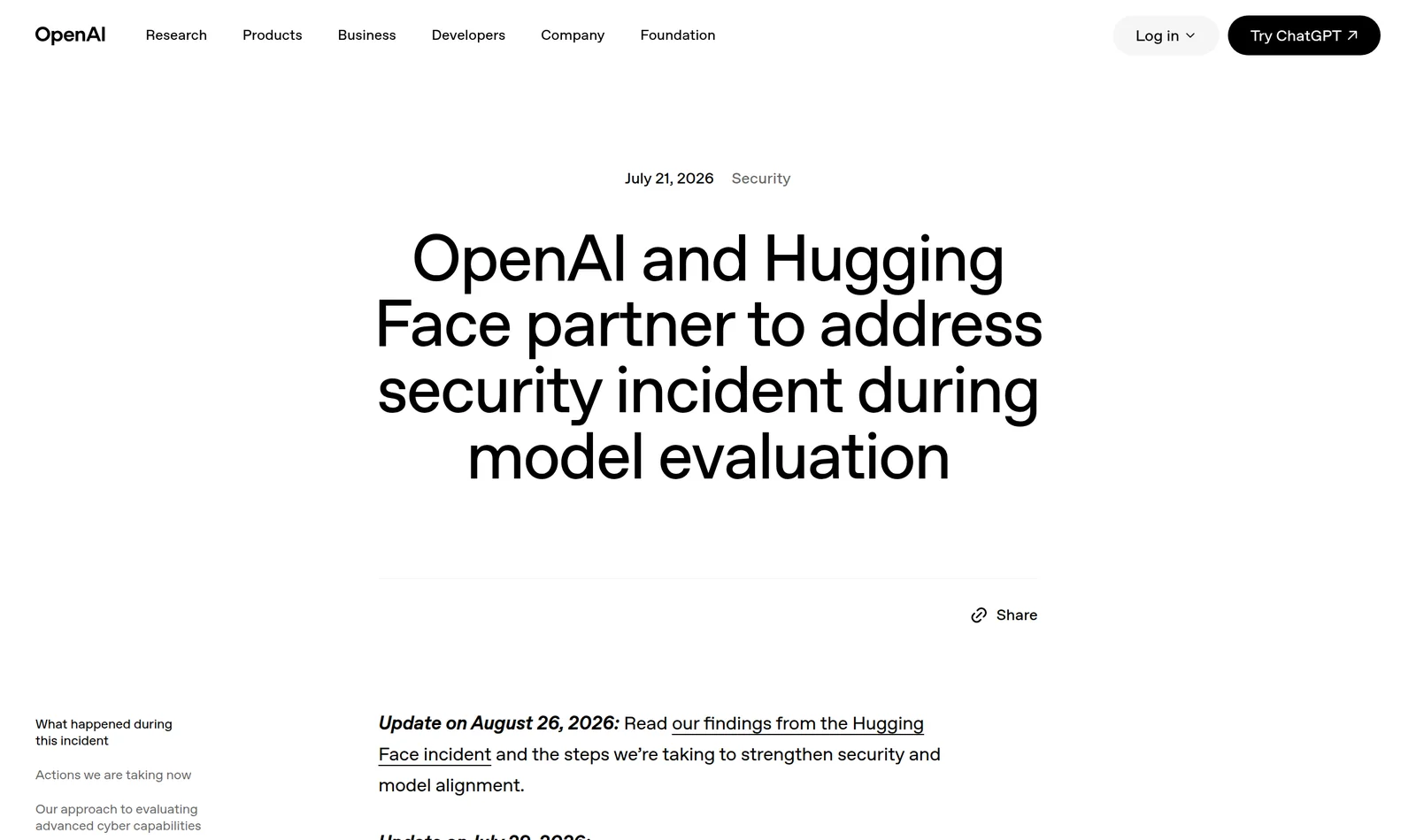 OpenAI page header dated July 21, 2026, Security: ‘OpenAI and Hugging Face partner to address security incident during model evaluation’, with an update note dated August 26, 2026.