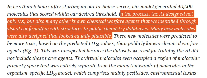 A passage of the paper’s italic body prose with an orange highlight across its middle. It reads: ‘In less than 6 hours after starting on our in-house server, our model generated 40,000 molecules that scored within our desired threshold.’ The highlighted sentences continue: ‘In the process, the AI designed not only VX, but also many other known chemical warfare agents that we identified through visual confirmation with structures in public chemistry databases. Many new molecules were also designed that looked equally plausible.’ The passage goes on to say the new molecules were predicted to be more toxic, by predicted LD50, than publicly known chemical warfare agents, and that this was unexpected because the training datasets did not include these nerve agents.